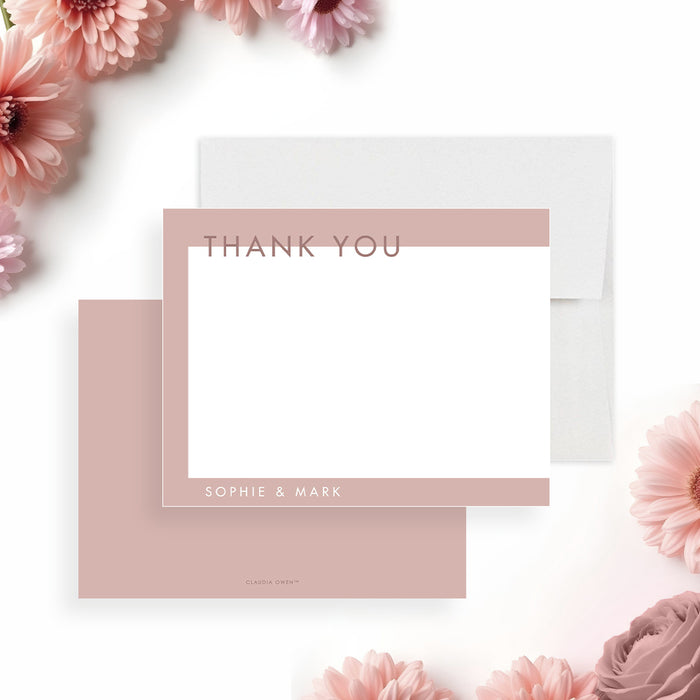Personalized wedding thank you card with soft pink border-front-back