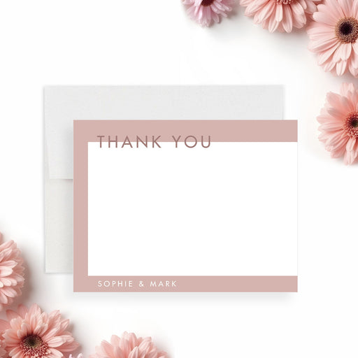 Personalized wedding thank you card with soft pink border-front