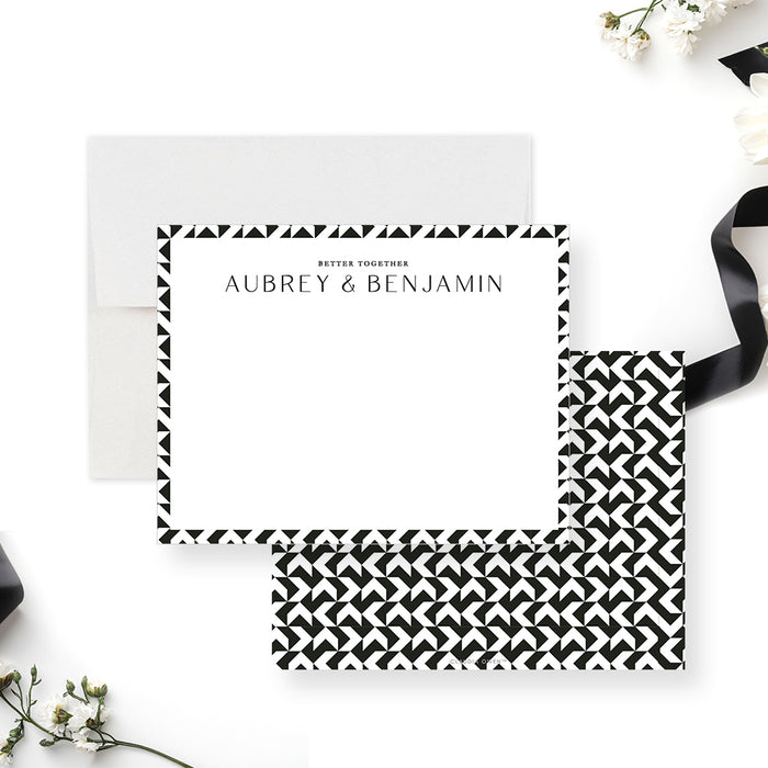 Black and white geometric personalized wedding note card with a modern monochrome border design-front-back