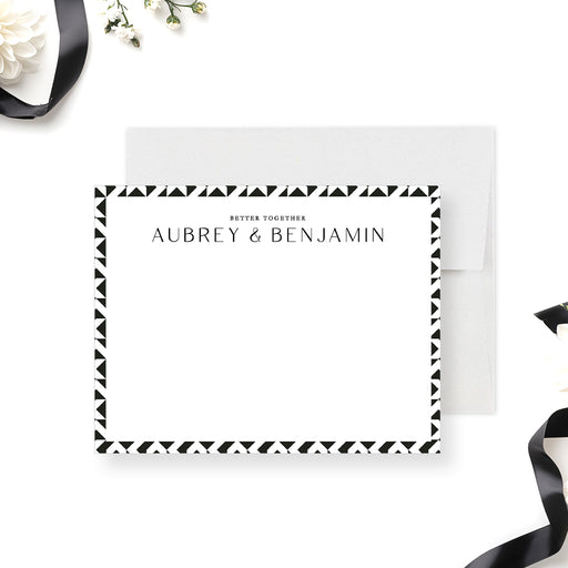 Black and white geometric personalized wedding note card with a modern monochrome border design-front