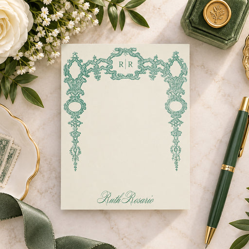 Vintage green baroque personalized thank you note card with intricate filigree border-front