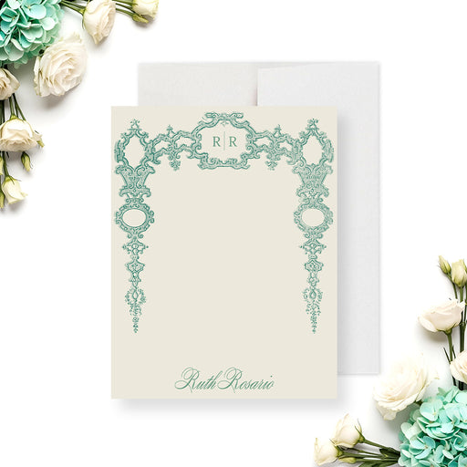 Vintage green baroque personalized thank you note card with intricate filigree border-front