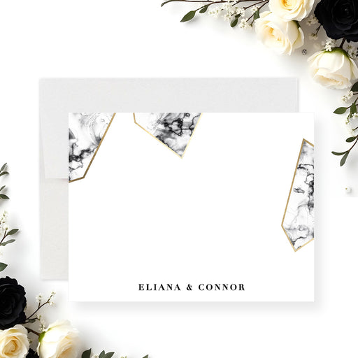 Personalized marble wedding note card with black and white geometric design and gold accents-front