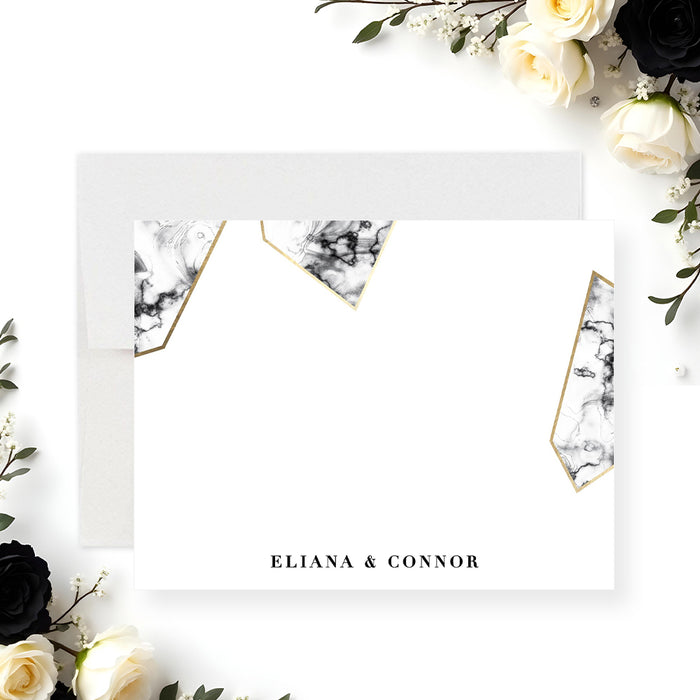 Personalized marble wedding note card with black and white geometric design and gold accents-front