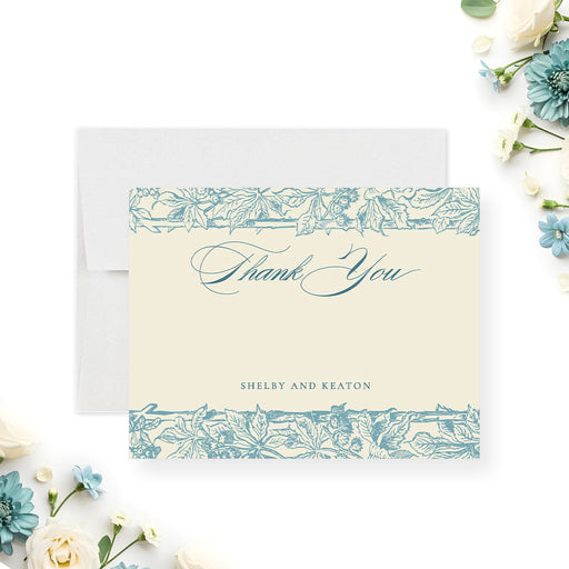Vintage blue botanical personalized wedding thank you card with floral border and ivory background-front