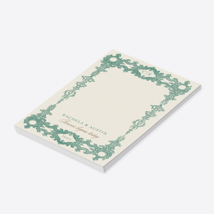 Vintage green baroque personalized wedding notepad with an intricate filigree border and monogram design on an ivory background.-side