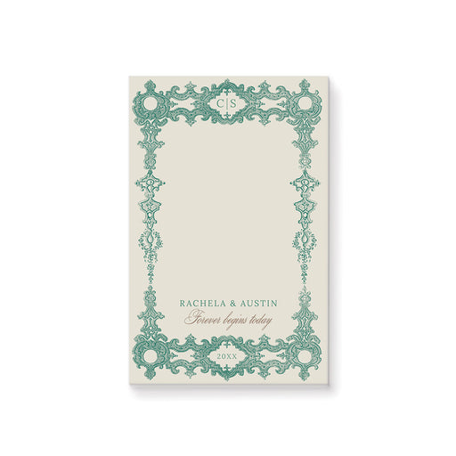 Vintage green baroque personalized wedding notepad with an intricate filigree border and monogram design on an ivory background.