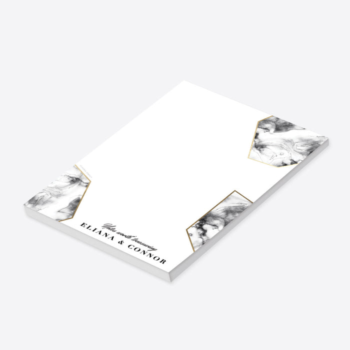 Personalized marble geometric notepad with name, elegant wedding stationery, and couples' gift-side