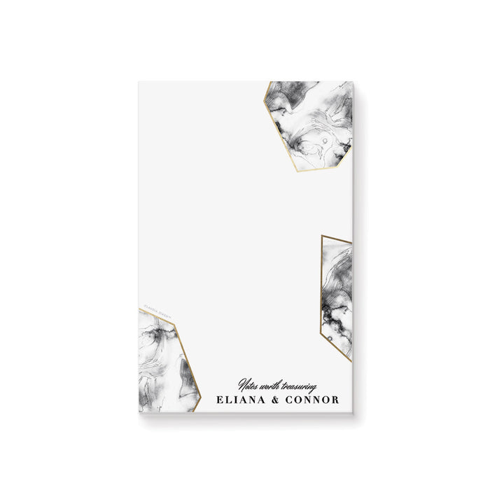 Personalized marble geometric notepad with name, elegant wedding stationery, and couples' gift