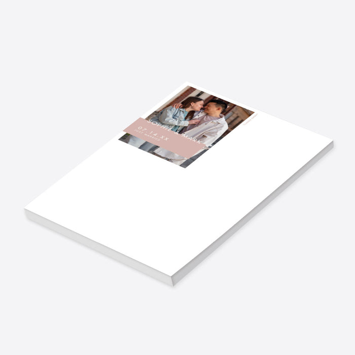 Personalized wedding notepad featuring a romantic couple portrait and a blush-text header-side