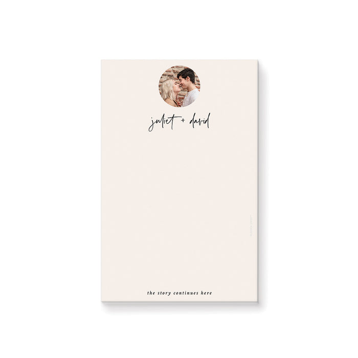 Personalized beige photo notepad featuring a couple’s picture and modern script typography