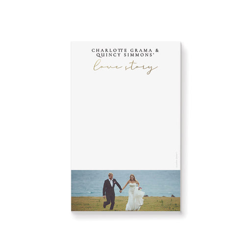 Personalized wedding notepad featuring romantic couple photos with gold typography