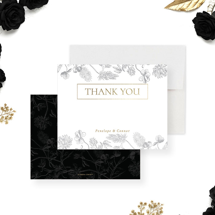 Elegant botanical wedding thank you card with floral foliage illustration-front-back