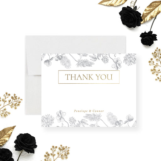 Elegant botanical wedding thank you card with floral foliage illustration-front