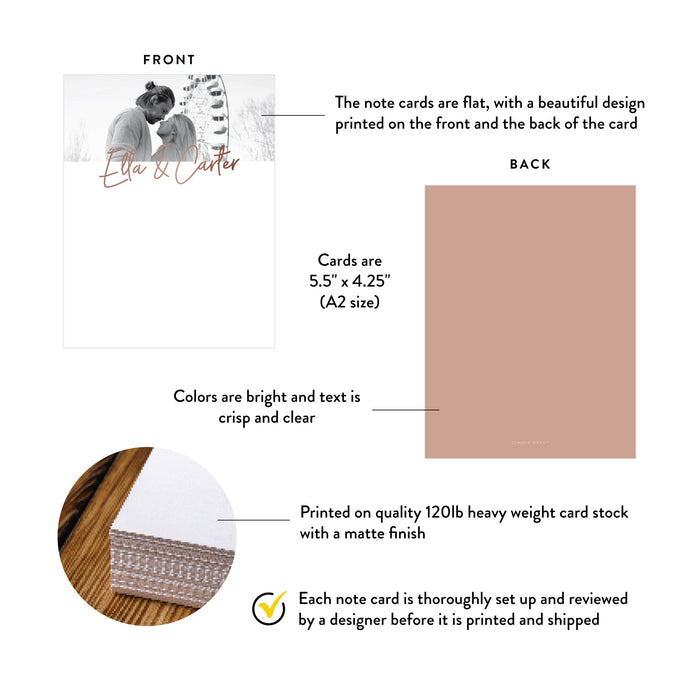 Front and back of wedding photo thank you cards with copper script with A2 size and matte cardstock details.