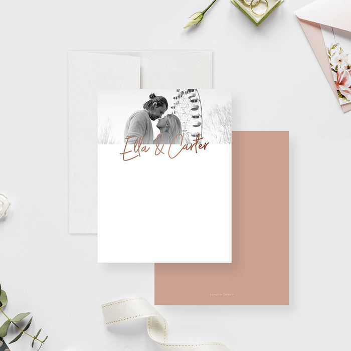 White wedding thank you note card with a black and white couple's photo and copper-colored script names below it.