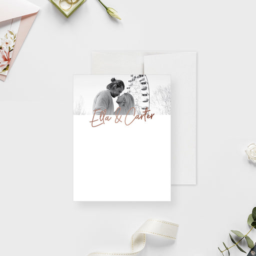 White wedding thank you note card with a black and white couple's photo and copper-colored script names below it.