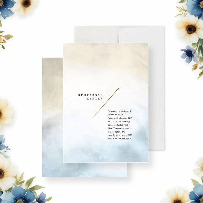 Rehearsal dinner invitation featuring cream and blue watercolor design, gold accent line, and customizable event details.-front-back