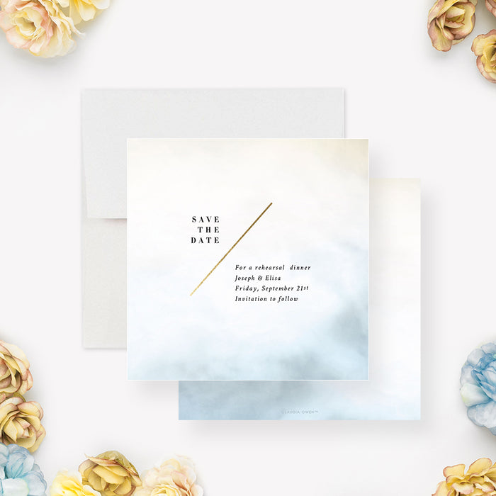 Elegant save-the-date card featuring a cream and blue watercolor wash background, a diagonal gold line, and customizable event details.-front-back