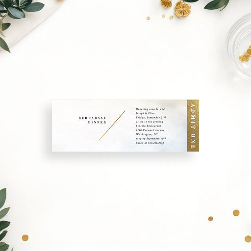 Personalized rehearsal dinner ticket invitation with gold accents, customizable with event details, perfect as an admit-one pass or party entry pass.