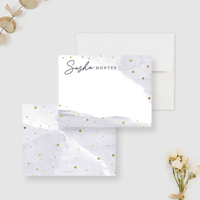 Personalized thank you card with gold stars and watercolor sky, featuring a custom name, perfect for formal events or gifts.
