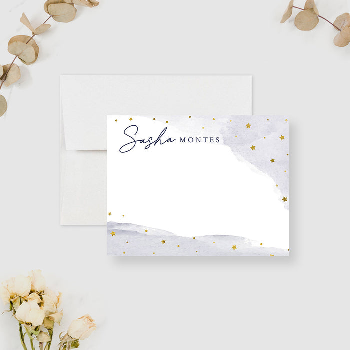 Personalized thank you card with gold stars and watercolor sky, featuring a custom name, perfect for formal events or gifts.