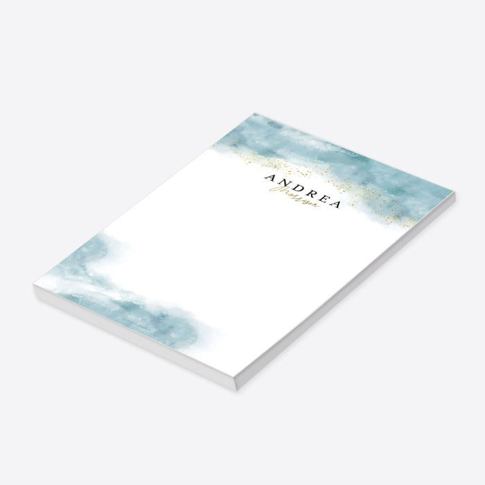 Custom personalized notepad featuring a soft blue watercolor design, gold speckles, and a name.-side