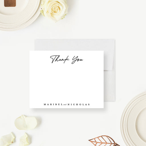 Minimalist personalized thank you card with “Thank You” in elegant script and custom couple's names.-front