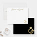 Personalized wedding ring note card front and back, with printed gold ring illustrations, script names and a black back.