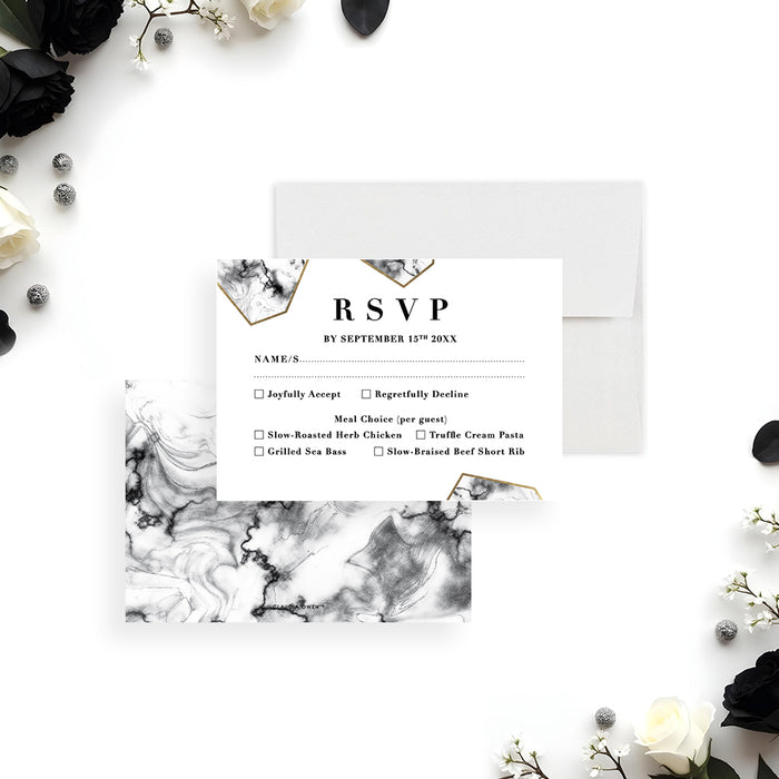 Black Wedding Invitation with Marble Geometric Design