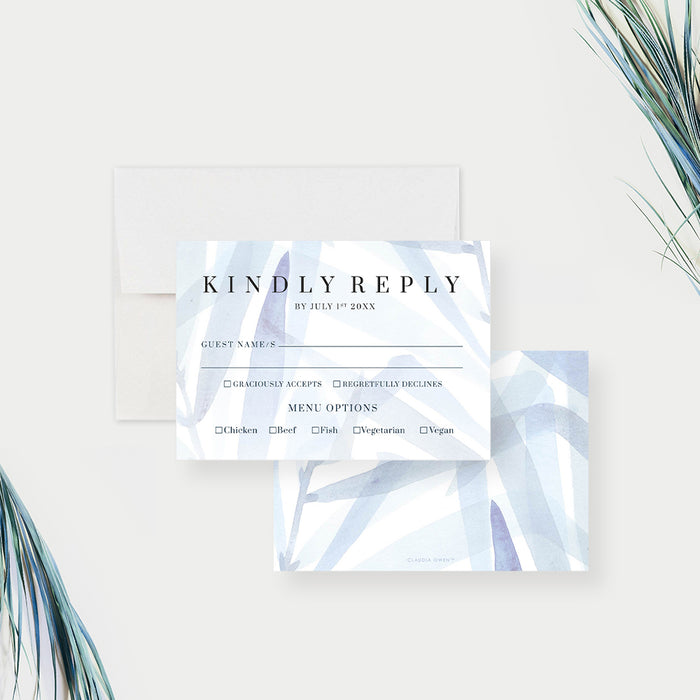 Wedding Invitation with Dusty Blue Foliage, Soft Hues Nature Wedding Invitations with Watercolor Leaves, Serene Tropical Wedding Invites