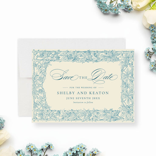 Vintage blue botanical wedding save the date card with floral border and elegant script typography-front