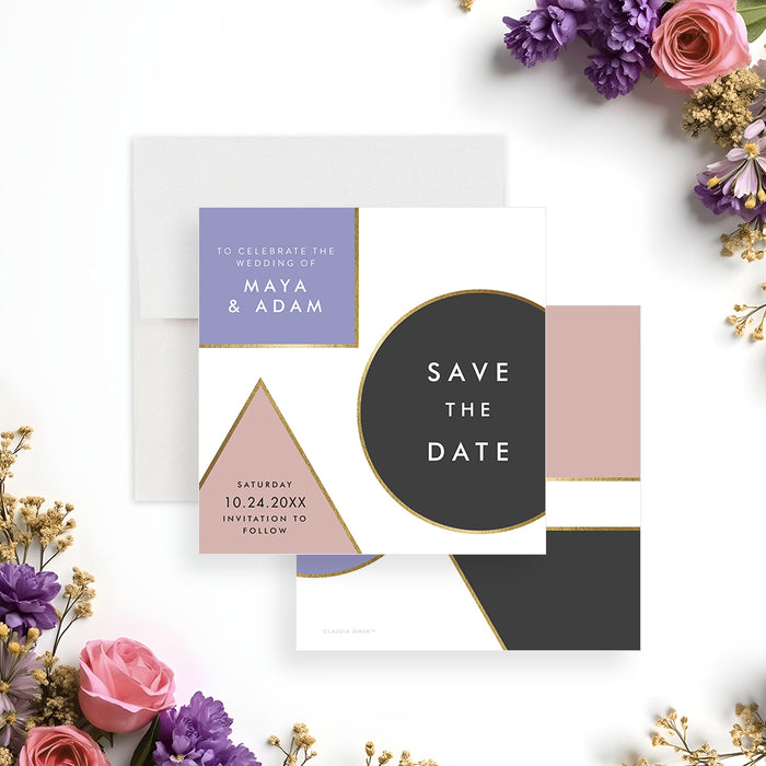 Geometric wedding save the date card with modern, elegant design-front-back