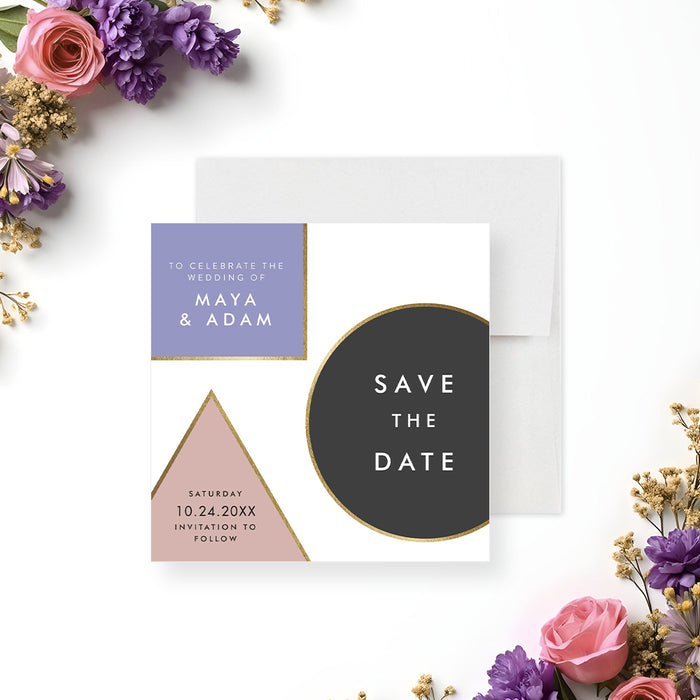 Geometric wedding save the date card with modern, elegant design-front