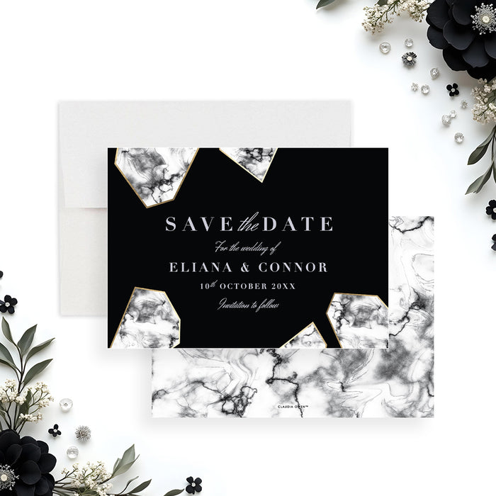 Black and white wedding save the date card with a marble geometric design-front-back