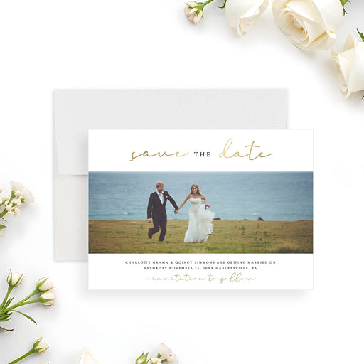 Photo save the date wedding card with gold typography on a white background-front