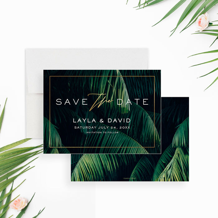 Tropical botanical save the date card with palm leaf design and gold frame, personalized wedding pre-invitation-front-back