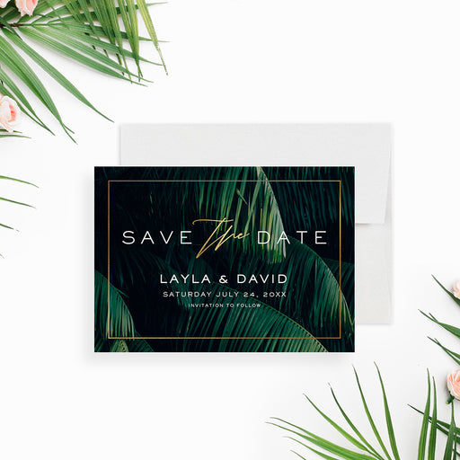 Tropical botanical save the date card with palm leaf design and gold frame, personalized wedding pre-invitation-front