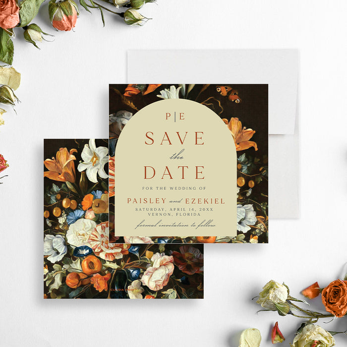 Romantic vintage floral save the date cards with butterflies, perfect for announcing your wedding day-front-back
