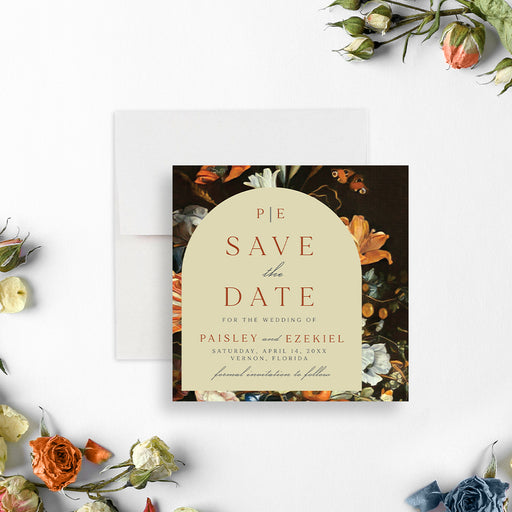 Romantic vintage floral save the date cards with butterflies, perfect for announcing your wedding day-front