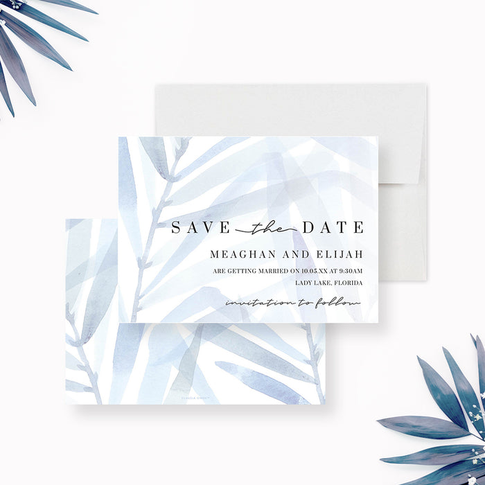 Wedding Invitation with Dusty Blue Foliage, Soft Hues Nature Wedding Invitations with Watercolor Leaves, Serene Tropical Wedding Invites