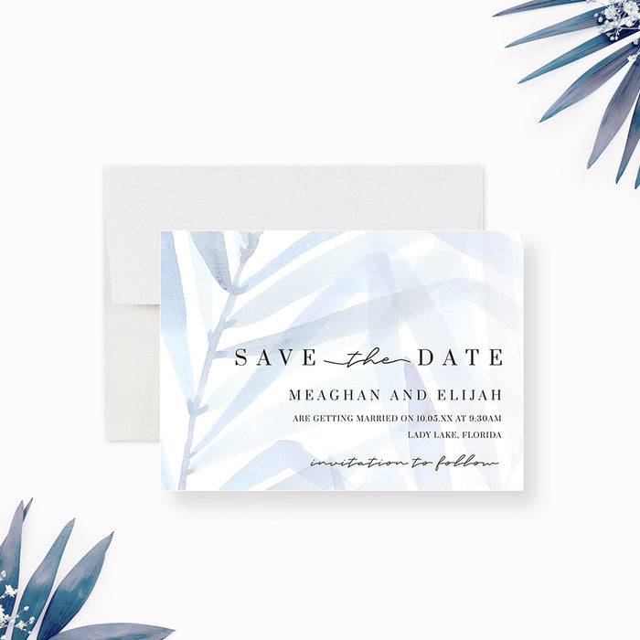 Modern Wedding Save the Date Card with Dusty Blue Foliage Design, Nature Wedding Save the Dates with Watercolor Leaves, Calm Tropical Wedding Save the Date