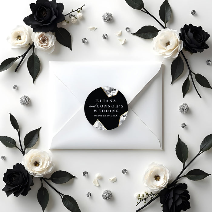 Black Wedding Invitation with Marble Geometric Design