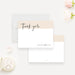 White wedding thank you note card with a beige band, black script lettering and the couple's names below.