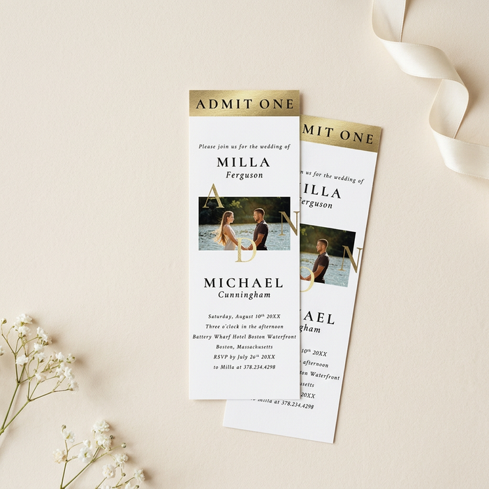 Wedding ticket invitation styled flat lay