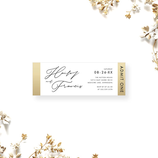 Elegant ticket-style wedding invitation, designed to resemble a wedding party pass or event entry ticket.