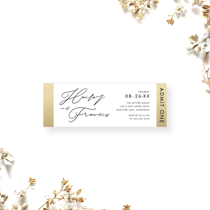 Elegant ticket-style wedding invitation, designed to resemble a wedding party pass or event entry ticket.