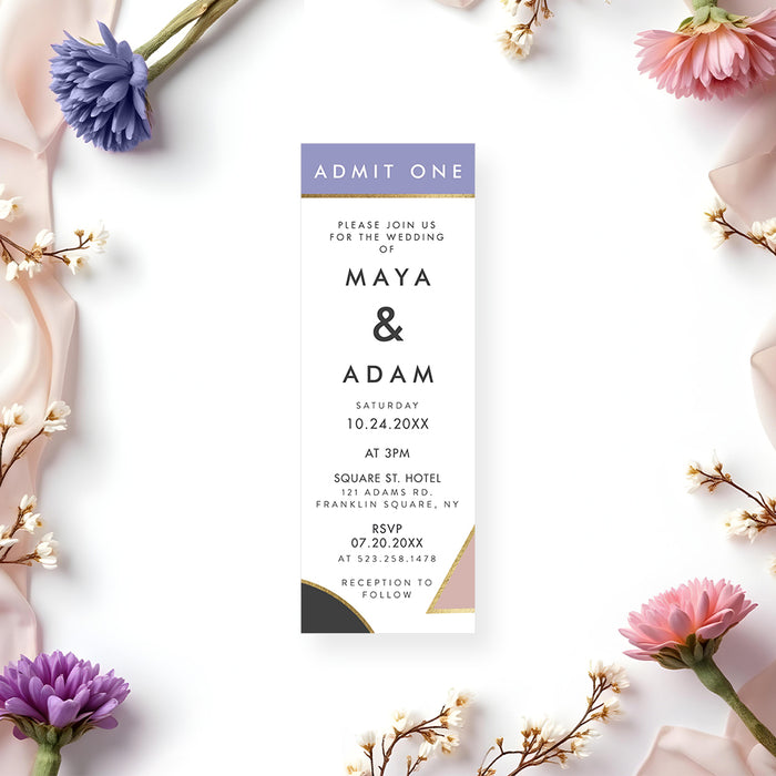 Geometric wedding ticket invitation with modern color block design in blush, lavender, charcoal, and gold accents