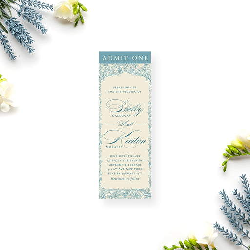 Vintage blue botanical wedding ticket invitation with a romantic floral border on an ivory background