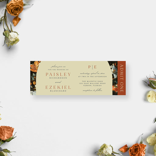 Fall wedding ticket invitation featuring elegant vintage flower illustrations